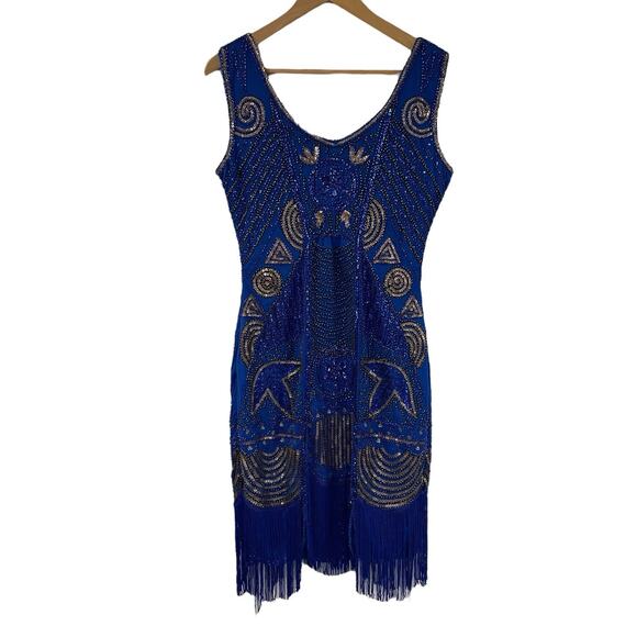 Unique Vintage Royal Blue Flapper Mini Dress S Beaded Sequin Fringe NWT - Picture 8 of 10